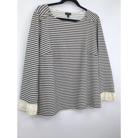 Talbots Gold Metallic Black Striped Ribbed Boatneck Top Ruffle Sleeve 1X - Picture 2 of 8